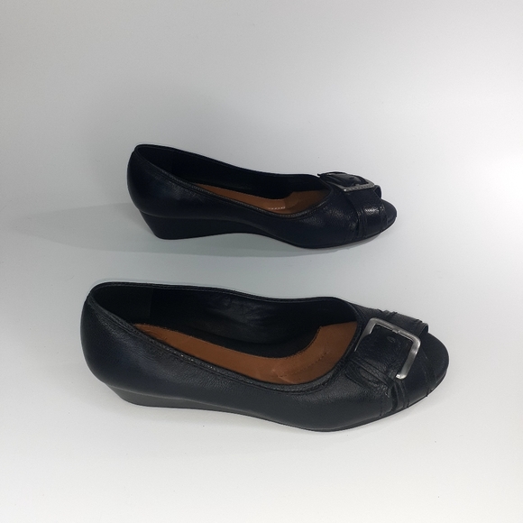Women's Black Leather Open Toe Wedge Shoe by Sparrow Size 8.5.  Made in Brazil. - Picture 3 of 14